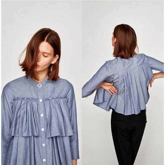 Zara Blue Ruffle Tiered Layered 3/4 Sleeve Snap Front Blouse Size S Boho - Picture 2 of 10